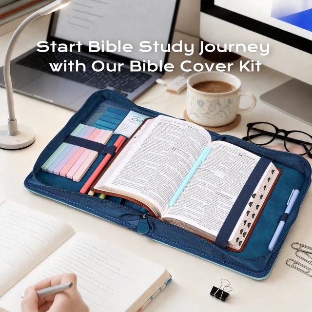 Alt view image 2 of 7 - Bible Cover Case for Women Leather Bible Bag Kit Church Book Holder Blue Journaling Kit Portable Carrying Organizer with Gold-Foiled Cross, Handle, Tabs,Study Supply Christian Gifts for Lady