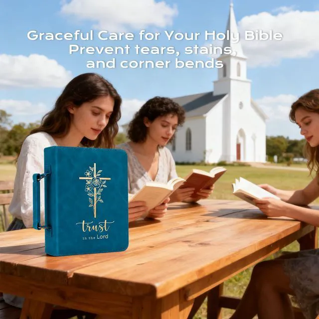 Alt view image 6 of 7 - Bible Cover Case for Women Leather Bible Bag Kit Church Book Holder Blue Journaling Kit Portable Carrying Organizer with Gold-Foiled Cross, Handle, Tabs,Study Supply Christian Gifts for Lady