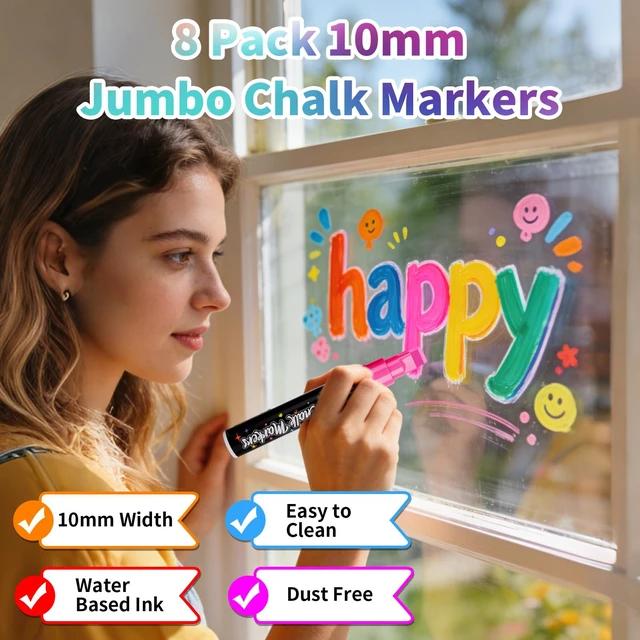 Alt view image 3 of 7 - Jumbo Liquid Chalk Markers for Blackboards, Bold Color Erasable Chalk Pens with 10mm 3 in 1 Nib, Washable Dust-Free Pens for Glass, Signs, Windows, Cars, Chalkboard (8-Pack)