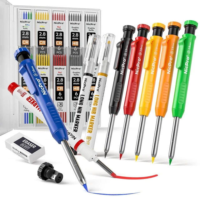 Main image of CP1000 Carpenter Pencils with Sharpener, 6 Pack ction Pencil+66 Refill & Long Nib Marker Pen, Heavy Duty Woodworking Tool Pencil for Construction Marking Comfort Grip