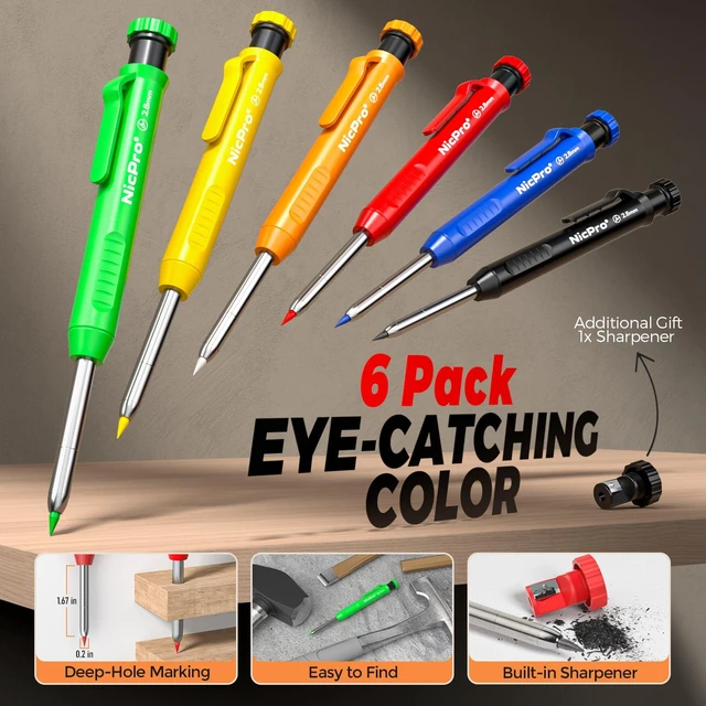 Alt view image 2 of 6 - CP1000 Carpenter Pencils with Sharpener, 6 Pack ction Pencil+66 Refill & Long Nib Marker Pen, Heavy Duty Woodworking Tool Pencil for Construction Marking Comfort Grip