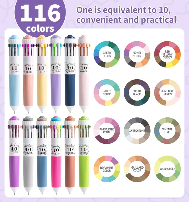 Alt view image 3 of 7 - 12 Pack Multicolor Pens, 10-in-1 Colored Ballpoint Pen, 116 Colors 0.8mm Fine Point Smooth Writing, Retractable Ballpoint Pens for Office School Students Teens