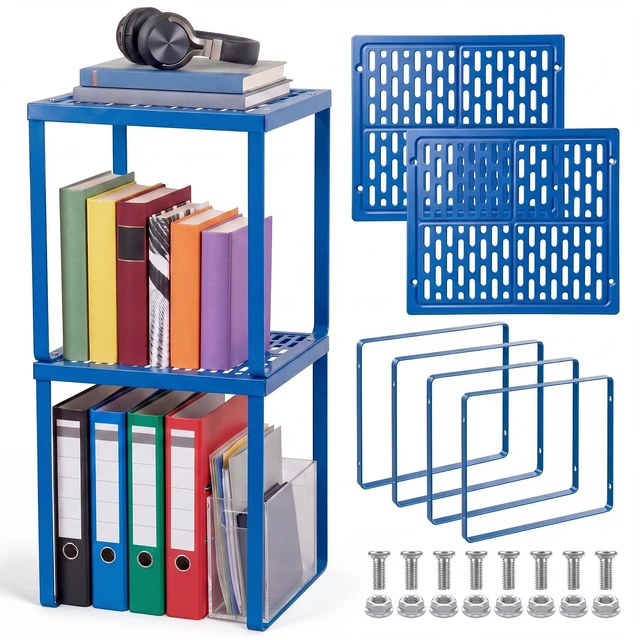 Main image of 2 Pcs Metal Locker Organizer Shelf Stackable 2-Tier, Deep Blue Fits Standard School Office Gym Lockers, Sturdy Build, Open Grid Design for Visibility, 11x10x12 Inch Size, Hardware Included