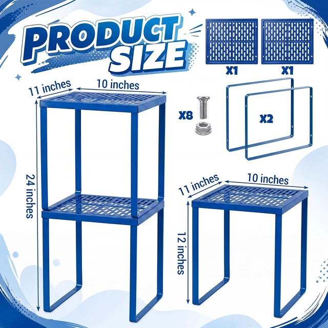 Alt view image 3 of 7 - 2 Pcs Metal Locker Organizer Shelf Stackable 2-Tier, Deep Blue Fits Standard School Office Gym Lockers, Sturdy Build, Open Grid Design for Visibility, 11x10x12 Inch Size, Hardware Included