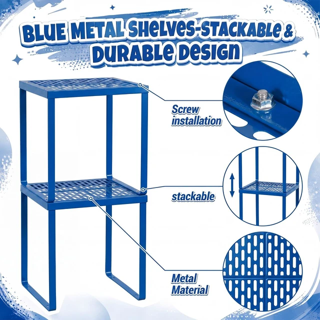 Alt view image 4 of 7 - 2 Pcs Metal Locker Organizer Shelf Stackable 2-Tier, Deep Blue Fits Standard School Office Gym Lockers, Sturdy Build, Open Grid Design for Visibility, 11x10x12 Inch Size, Hardware Included