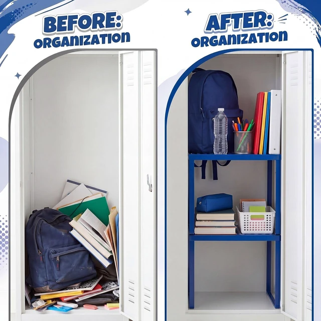 Alt view image 5 of 7 - 2 Pcs Metal Locker Organizer Shelf Stackable 2-Tier, Deep Blue Fits Standard School Office Gym Lockers, Sturdy Build, Open Grid Design for Visibility, 11x10x12 Inch Size, Hardware Included