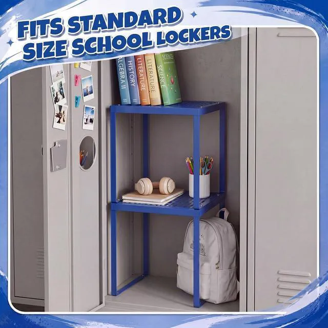Alt view image 6 of 7 - 2 Pcs Metal Locker Organizer Shelf Stackable 2-Tier, Deep Blue Fits Standard School Office Gym Lockers, Sturdy Build, Open Grid Design for Visibility, 11x10x12 Inch Size, Hardware Included