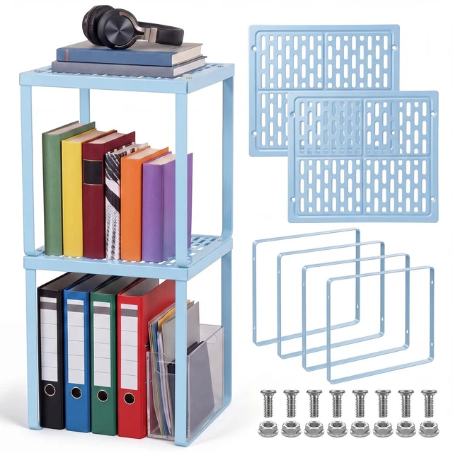 Main image of 2 Pcs Locker Organizer Shelf Stackable 2-Tier Shelves Fits Standard Size School Lockers Heavy Duty Metal Locker Shelf for School Office Gym Lockers Home Storage 11x 10 x 12 Inch(Sky Blue)