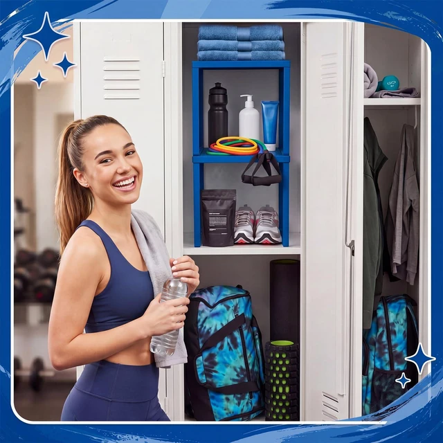 Alt view image 7 of 7 - 2 Pcs Metal Locker Organizer Shelf Stackable 2-Tier, Deep Blue Fits Standard School Office Gym Lockers, Sturdy Build, Open Grid Design for Visibility, 11x10x12 Inch Size, Hardware Included