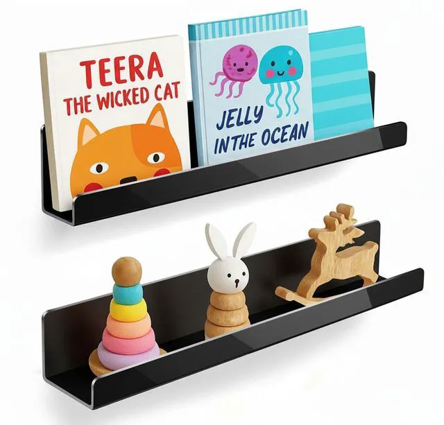 Main image of 2 Pack Magnetic Book Shelf for Whiteboard - Reusable Acrylic Magnetic Shelves, Holds 11 lbs, Magnetic Book Display for Classrooms, Kitchen (Black)