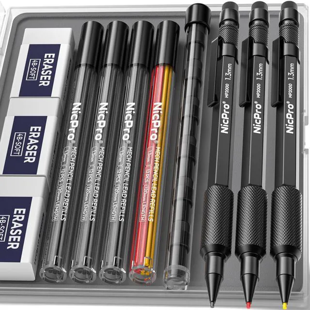 Main image of 3 PCS 1.3 mm Mechanical Pencils Set with 48 Lead Refill, 3 Eraser MP2000 Black Weatherproof Metal Barrel, Heavy Duty Carpenter Pencil for Outdoor Construction Marking Drafting and Drawing
