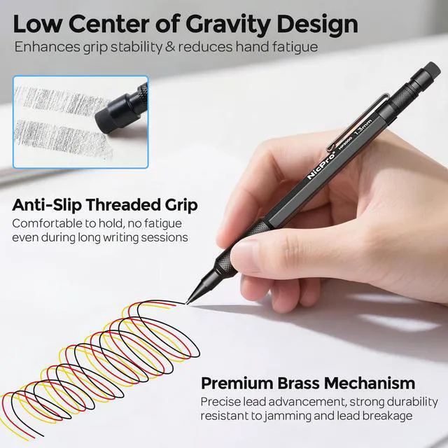 Alt view image 3 of 6 - 3 PCS 1.3 mm Mechanical Pencils Set with 48 Lead Refill, 3 Eraser MP2000 Black Weatherproof Metal Barrel, Heavy Duty Carpenter Pencil for Outdoor Construction Marking Drafting and Drawing