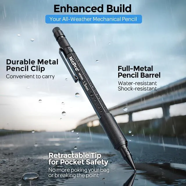 Alt view image 2 of 6 - 3 PCS 1.3 mm Mechanical Pencils Set with 48 Lead Refill, 3 Eraser MP2000 Black Weatherproof Metal Barrel, Heavy Duty Carpenter Pencil for Outdoor Construction Marking Drafting and Drawing