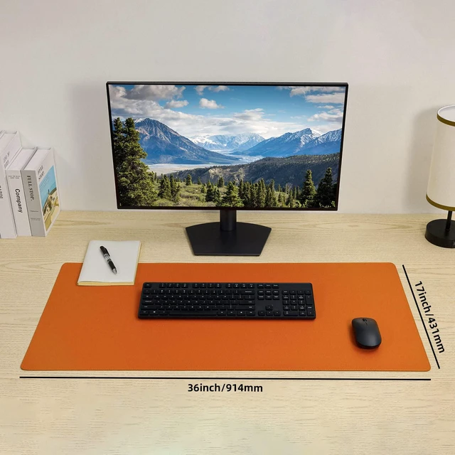 Alt view image 5 of 7 - PU Leather Desk Pad Blotter,Waterproof Orange Office Desk Mat for Women,Non-Slip Writing Desk Protector Large Mouse Pad,36x17inch