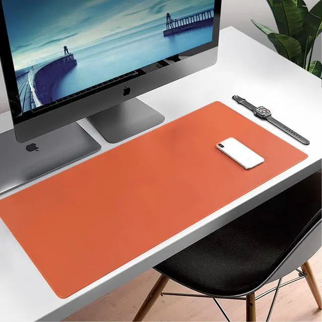 Alt view image 7 of 7 - PU Leather Desk Pad Blotter,Waterproof Orange Office Desk Mat for Women,Non-Slip Writing Desk Protector Large Mouse Pad,36x17inch