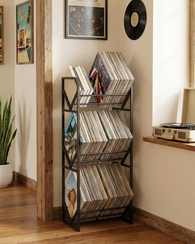 Alt view image 2 of 7 - 3 Tier Vinyl Record Storage Rack, Metal Shelf Stores 300 LPs, Large Capacity Album Holder Stand with Reinforced Design for Albums, Magazine, Book