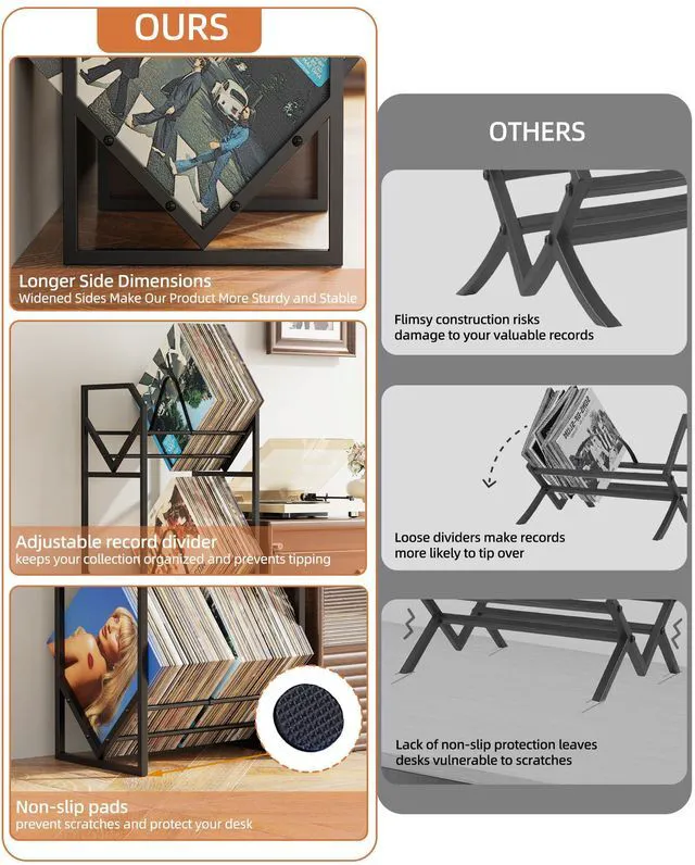 Alt view image 3 of 7 - 3 Tier Vinyl Record Storage Rack, Metal Shelf Stores 300 LPs, Large Capacity Album Holder Stand with Reinforced Design for Albums, Magazine, Book