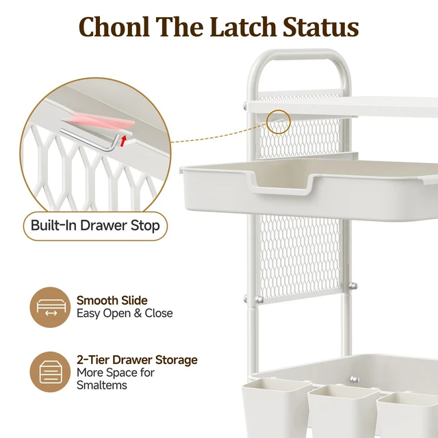 Alt view image 6 of 7 - 3 Tier Rolling Cart with 2 Drawers, Metal Utility Storage Carts with Wheels Kitchen Rolling Cart 4.5" Deep Basket, Mesh Side Panel with 3 Cups, 4 Hooks for Office, Bedside, Craft Storage Cart