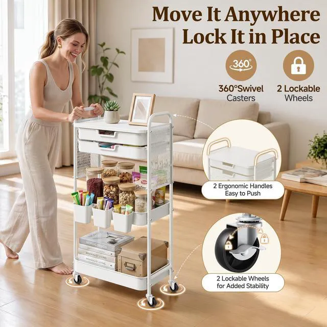 Alt view image 7 of 7 - 3 Tier Rolling Cart with 2 Drawers, Metal Utility Storage Carts with Wheels Kitchen Rolling Cart 4.5" Deep Basket, Mesh Side Panel with 3 Cups, 4 Hooks for Office, Bedside, Craft Storage Cart