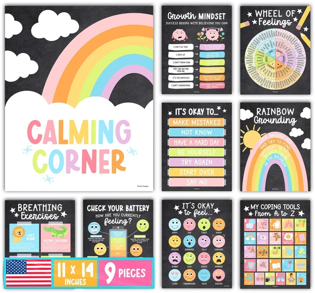 Main image of 9 Calming Corner Classroom Must Haves, Coping & Feelings Poster for Kids Calm Corner Posters with Emotions Chart, School Counselor Mental Health Posters, Feelings Wheel Calming Classroom Decor