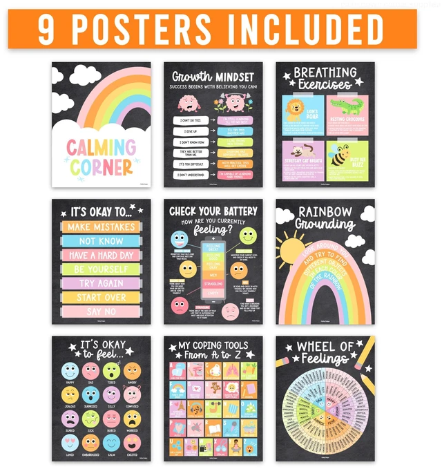 Alt view image 3 of 7 - 9 Calming Corner Classroom Must Haves, Coping & Feelings Poster for Kids Calm Corner Posters with Emotions Chart, School Counselor Mental Health Posters, Feelings Wheel Calming Classroom Decor