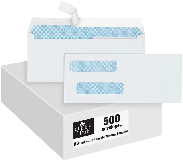 Main image of #8 Double Window Envelopes, Self Seal Security Envelopes for QuickBooks Checks, 3 5/8" x 8 11/16", 24 lb White, 500 per Box (QUA50766)