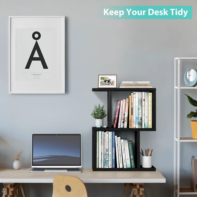 Alt view image 3 of 6 - Desktop Bookshelf Shelf for Top of Desk - Black Small Organizer 3-Tier Shelves Storage Bookcase Hutch for Dorm Office College Table Top Organization Shelving Decorations for Women Office