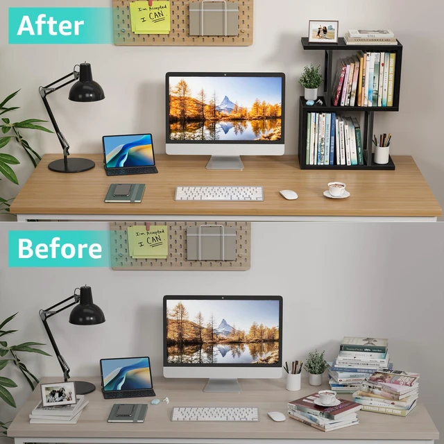 Alt view image 6 of 6 - Desktop Bookshelf Shelf for Top of Desk - Black Small Organizer 3-Tier Shelves Storage Bookcase Hutch for Dorm Office College Table Top Organization Shelving Decorations for Women Office