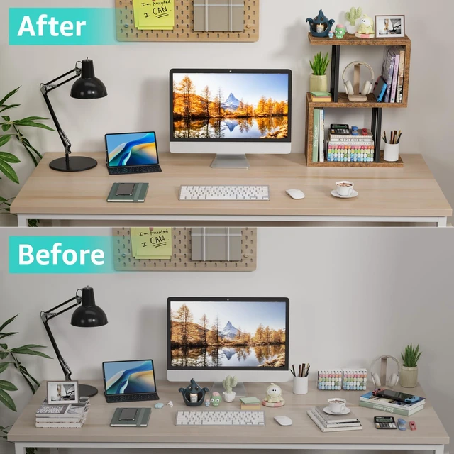 Alt view image 5 of 5 - Desktop Bookshelf for Top of Desk Shelf - Brown Book Organizer 3-Tier Shelves Storage Small Bookcase Hutch for Dorm Office College