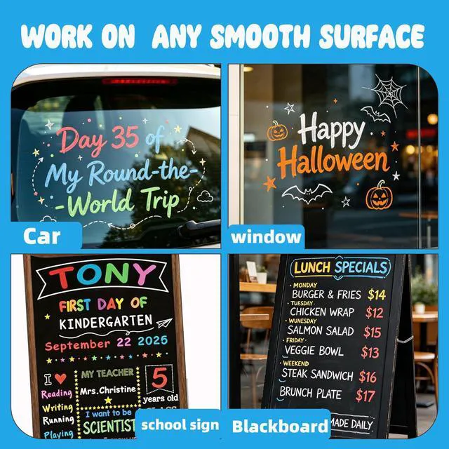 Alt view image 6 of 7 - 20 Colors Chalk Markers,Window Markers for Car Glass Washable Liquid Chalk Pen with 7mm 3 in 1 Nib Wide Tips,erasable Chalkboard Markers for Businesses, Restaurants, Poster,Auto, Mirror