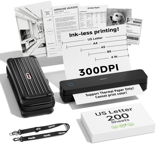 Main image of 300DPI Portable Thermal Inkless Printer & 200 Sheets & Case Kit Supports Thermal Paper&Labels, Multi-User Bluetooth, Compatible with iOS/Android/Laptop for Home/School/Travel, Black