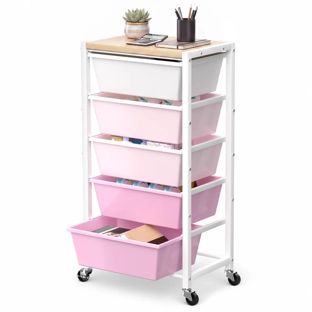 Main image of Rolling Cart with 5 Drawers, Plastic Drawer Storage Carts with Wheels & Wooden Tabletop, Metal Utility Cart for Office Bedroom Living Room Classroom, Craft Organization and Storage, Pink