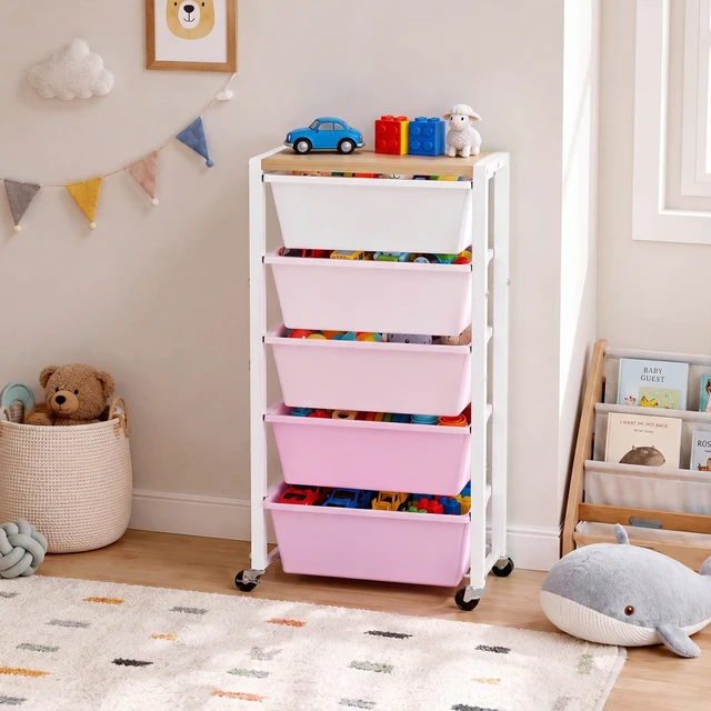 Alt view image 2 of 7 - Rolling Cart with 5 Drawers, Plastic Drawer Storage Carts with Wheels & Wooden Tabletop, Metal Utility Cart for Office Bedroom Living Room Classroom, Craft Organization and Storage, Pink