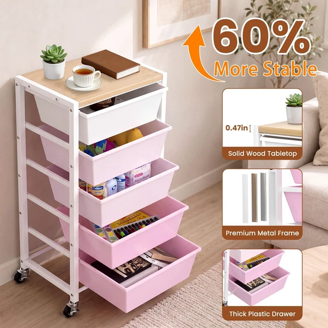Alt view image 5 of 7 - Rolling Cart with 5 Drawers, Plastic Drawer Storage Carts with Wheels & Wooden Tabletop, Metal Utility Cart for Office Bedroom Living Room Classroom, Craft Organization and Storage, Pink