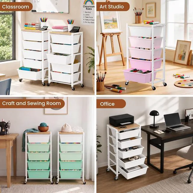 Alt view image 6 of 7 - Rolling Cart with 5 Drawers, Plastic Drawer Storage Carts with Wheels & Wooden Tabletop, Metal Utility Cart for Office Bedroom Living Room Classroom, Craft Organization and Storage, Pink