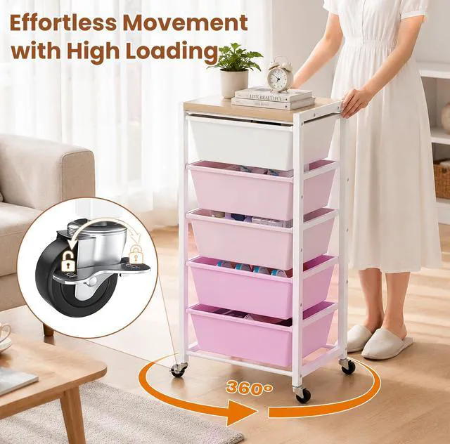 Alt view image 7 of 7 - Rolling Cart with 5 Drawers, Plastic Drawer Storage Carts with Wheels & Wooden Tabletop, Metal Utility Cart for Office Bedroom Living Room Classroom, Craft Organization and Storage, Pink