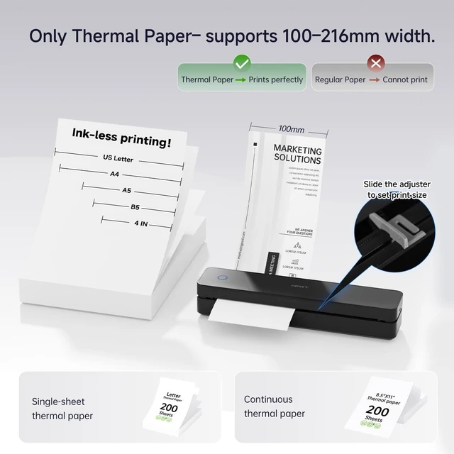 Alt view image 3 of 7 - 300DPI Portable Thermal Inkless Printer & 200 Sheets & Case Kit Supports Thermal Paper&Labels, Multi-User Bluetooth, Compatible with iOS/Android/Laptop for Home/School/Travel, Black