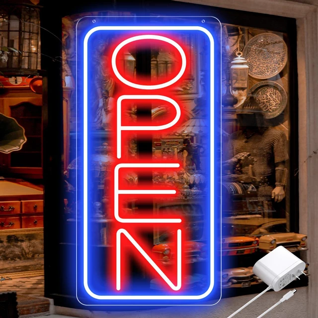 Main image of 22" X 11" Led Neon Open Signs for Business Ultra Bright Plug In Electric Light Up Large Open Signs with ON/OFF Switch and 12V/2A AC Adapter for Storefront Window Bar Salon Coffee Stores (Vertical)