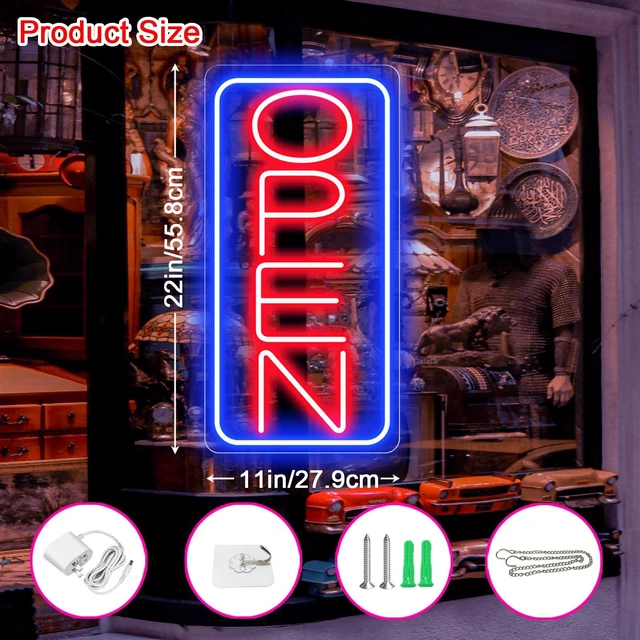 Alt view image 2 of 7 - 22" X 11" Led Neon Open Signs for Business Ultra Bright Plug In Electric Light Up Large Open Signs with ON/OFF Switch and 12V/2A AC Adapter for Storefront Window Bar Salon Coffee Stores (Vertical)