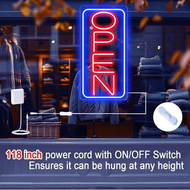 Alt view image 5 of 7 - 22" X 11" Led Neon Open Signs for Business Ultra Bright Plug In Electric Light Up Large Open Signs with ON/OFF Switch and 12V/2A AC Adapter for Storefront Window Bar Salon Coffee Stores (Vertical)