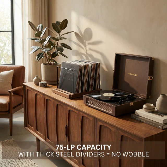 Alt view image 3 of 7 - Decorative Vinyl Record Storage For Up to 75 Single Records - LP Holder Neatly Holds Up to 75 Records - Sleek Decorative Vinyl Storage Rack for Your Living Room, Home Office or Studio