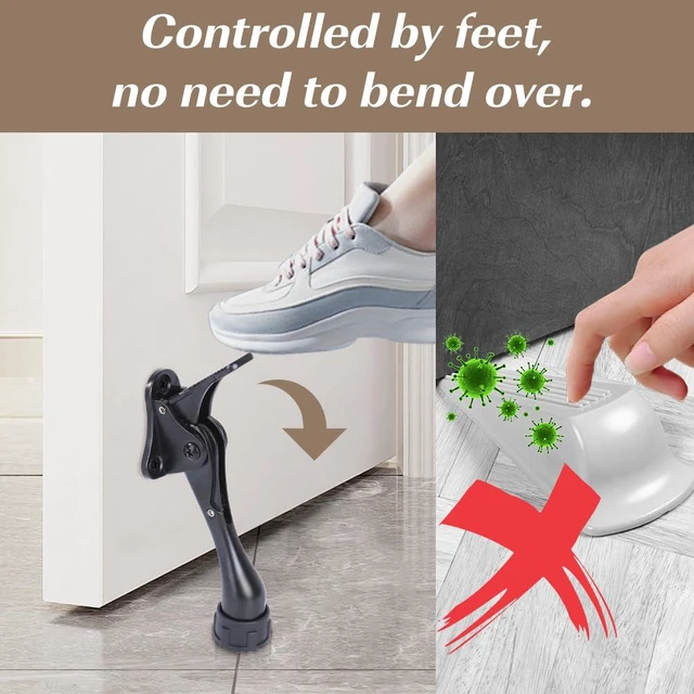 Alt view image 2 of 6 - Kickdown Door Stopper 4 Inches - 2 Packs One Touch Adjustable Height Door Stop for The Bottom of Door The Bottom of Door Aluminum Alloy Metal Door Stopper with Rubber Tip Black