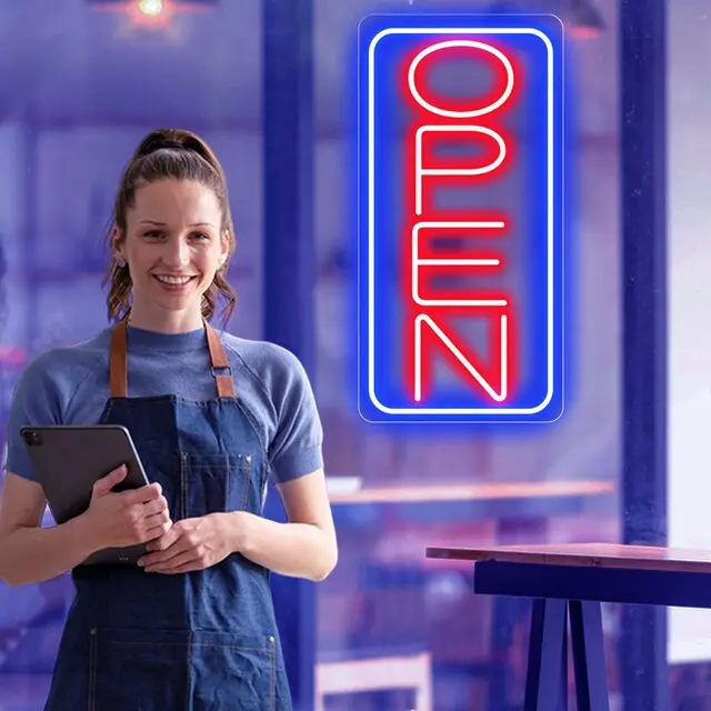 Alt view image 6 of 7 - 22" X 11" Led Neon Open Signs for Business Ultra Bright Plug In Electric Light Up Large Open Signs with ON/OFF Switch and 12V/2A AC Adapter for Storefront Window Bar Salon Coffee Stores (Vertical)