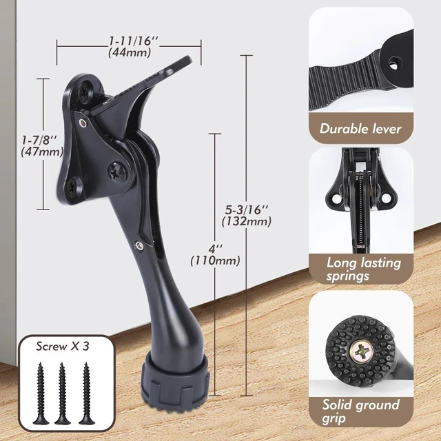 Alt view image 4 of 6 - Kickdown Door Stopper 4 Inches - 2 Packs One Touch Adjustable Height Door Stop for The Bottom of Door The Bottom of Door Aluminum Alloy Metal Door Stopper with Rubber Tip Black