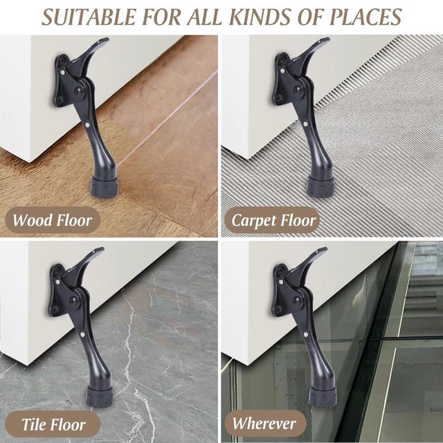 Alt view image 5 of 6 - Kickdown Door Stopper 4 Inches - 2 Packs One Touch Adjustable Height Door Stop for The Bottom of Door The Bottom of Door Aluminum Alloy Metal Door Stopper with Rubber Tip Black