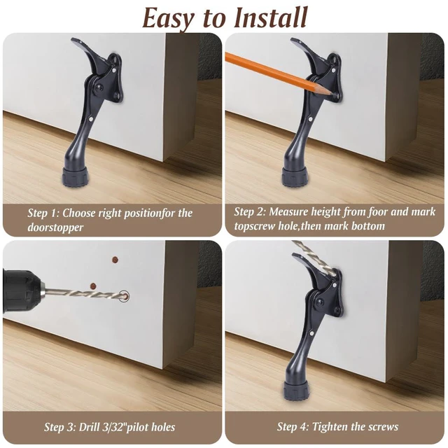 Alt view image 6 of 6 - Kickdown Door Stopper 4 Inches - 2 Packs One Touch Adjustable Height Door Stop for The Bottom of Door The Bottom of Door Aluminum Alloy Metal Door Stopper with Rubber Tip Black