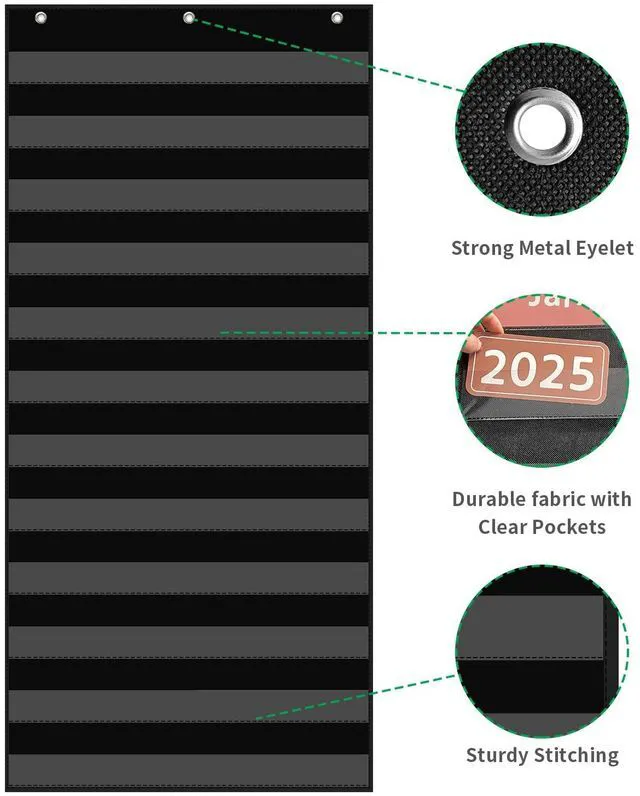 Alt view image 3 of 7 - 20W x 48.25H Classroom Words Pocket Chart with 12 Clear Pockets, Black Standard Pocket Chart for Classroom and Home for Sentence Strips, Reusable Clear Pocket Hanging Words Chart (Black)
