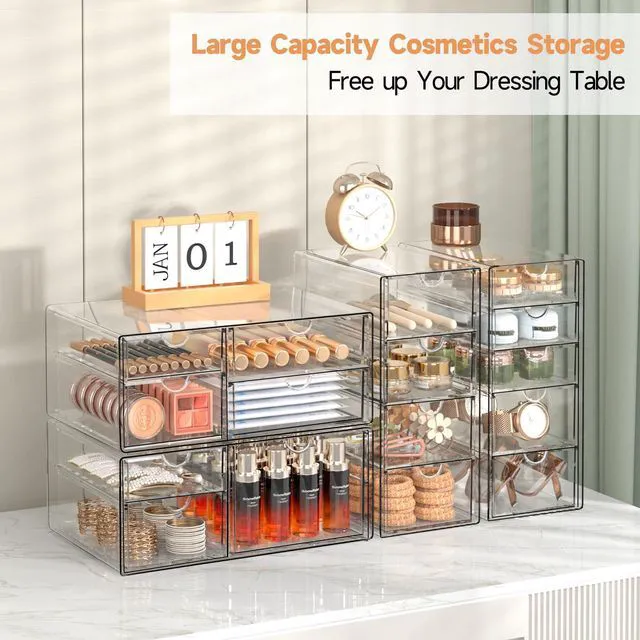 Alt view image 2 of 7 - Acrylic Makeup Drawer Storage Organizer with 16 Drawers, 4 Set Office Desk Organization and Storage, Dustproof Drawer Organizer for Makeup, Countertop, Jewelry, Desktop, Bathroom, Bedroom