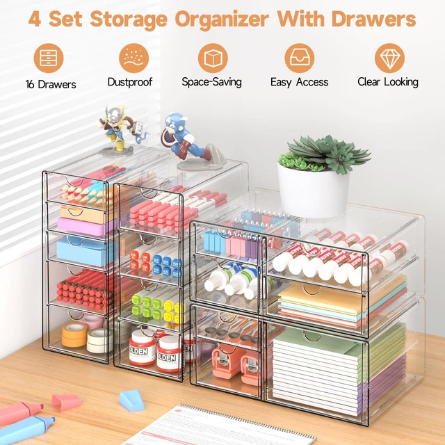 Alt view image 6 of 7 - Acrylic Makeup Drawer Storage Organizer with 16 Drawers, 4 Set Office Desk Organization and Storage, Dustproof Drawer Organizer for Makeup, Countertop, Jewelry, Desktop, Bathroom, Bedroom