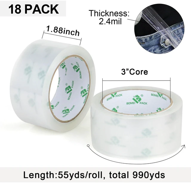 Alt view image 3 of 7 - Clear Silent Packing Tape 18 Rolls, NO Noise Quiet Tape Refill Rolls for Shipping, Moving and Packaging, 2.4Mil 1.88Inch 55Yards